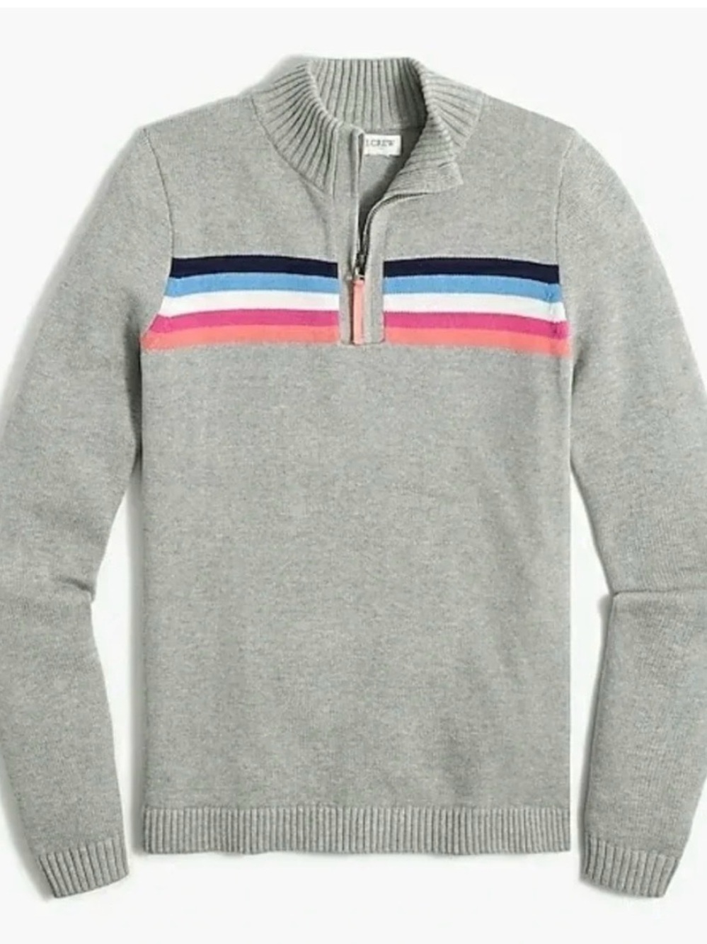 J. Crew Light Gray Quarter-Zip Sweater Apres Ski Stripes 70’s Style Retro Size S